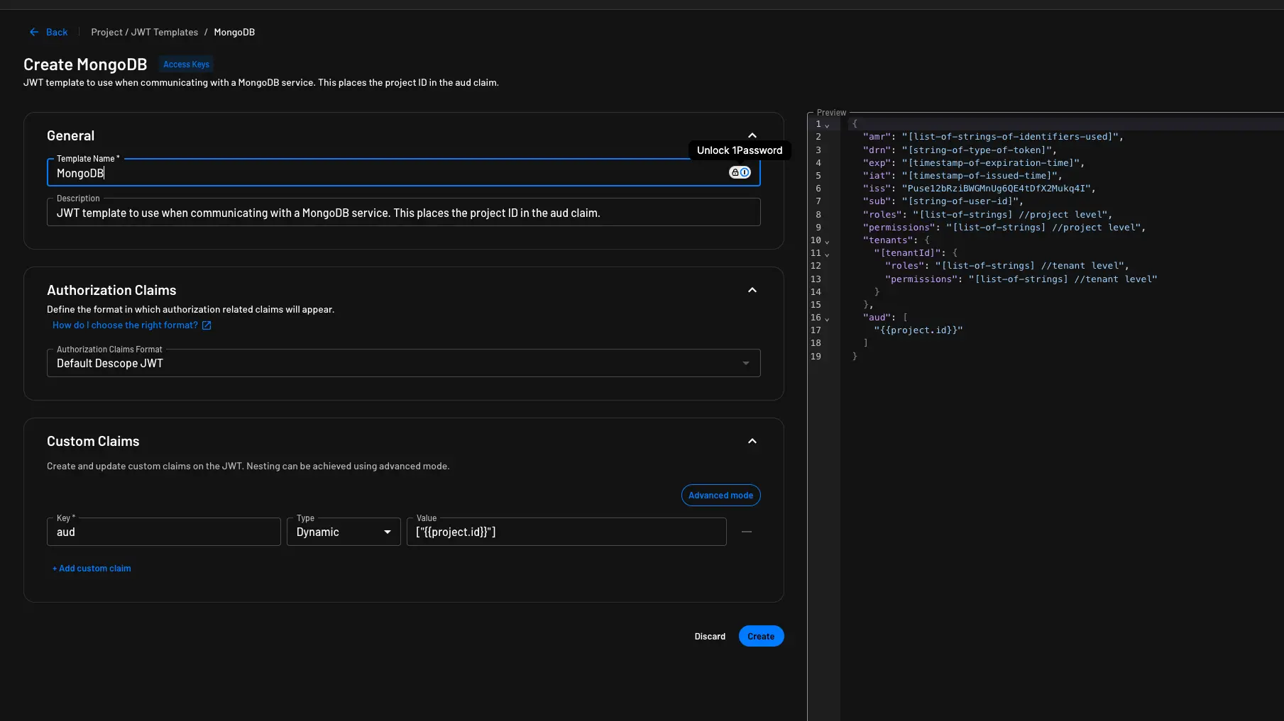 Example of the configurations available within the Mongo DB Access Key JWT template in Descope