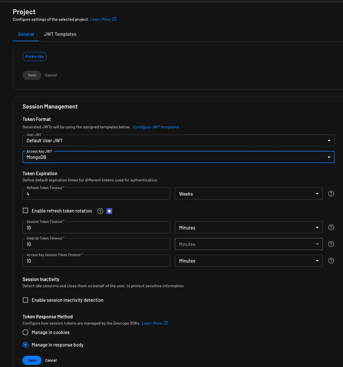 Set the project's Access Key token format within Descope project settings