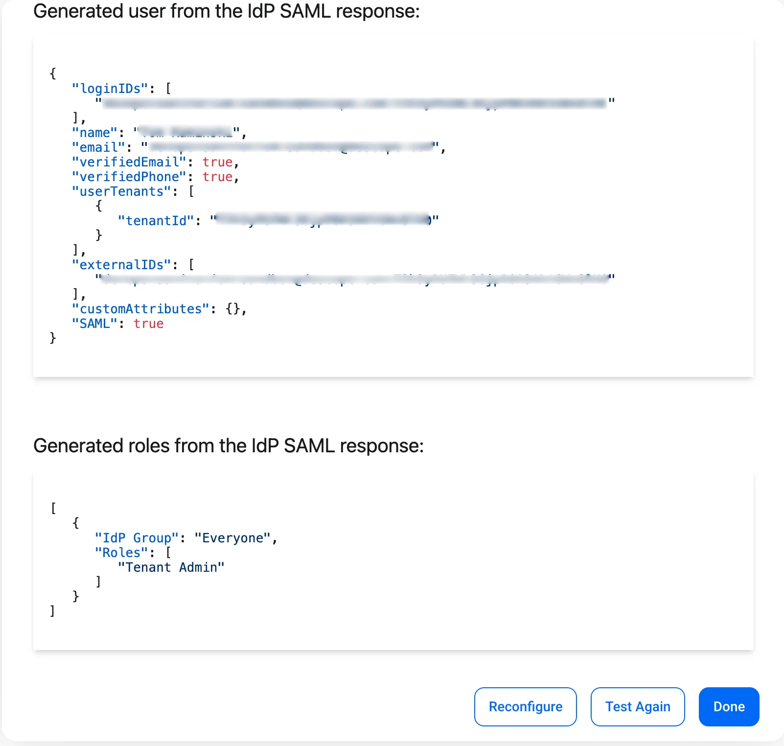 sso config saml response user and groups