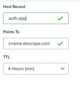 Descope custom domain cname host record