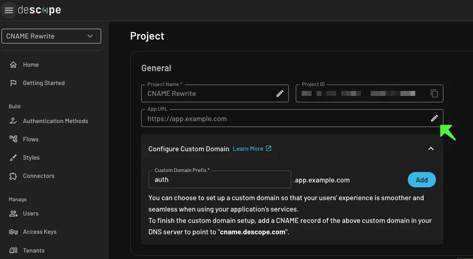 Descope configure custom domain cname within Descope project