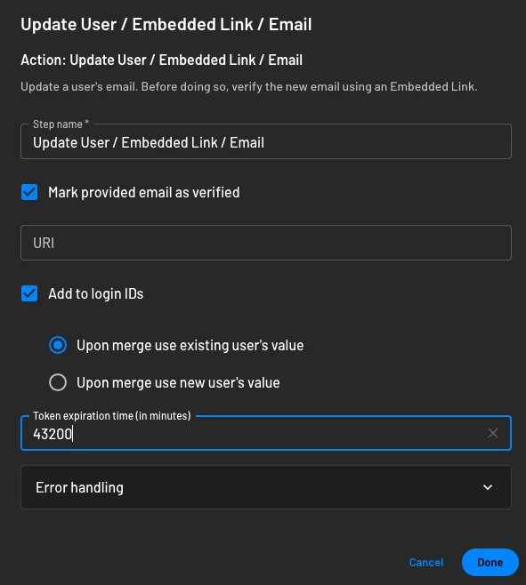 Configure embedded link update user via email action within Descope flows