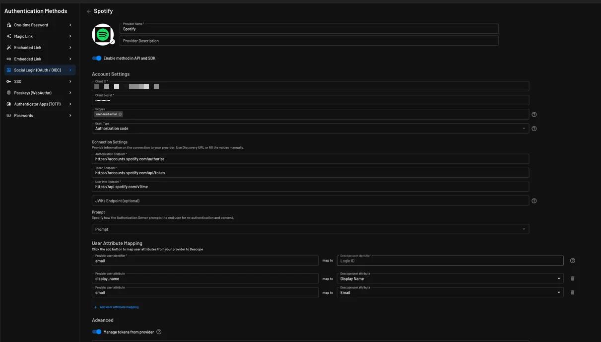 Custom Spotify OAuth provider account settings configured within Descope
