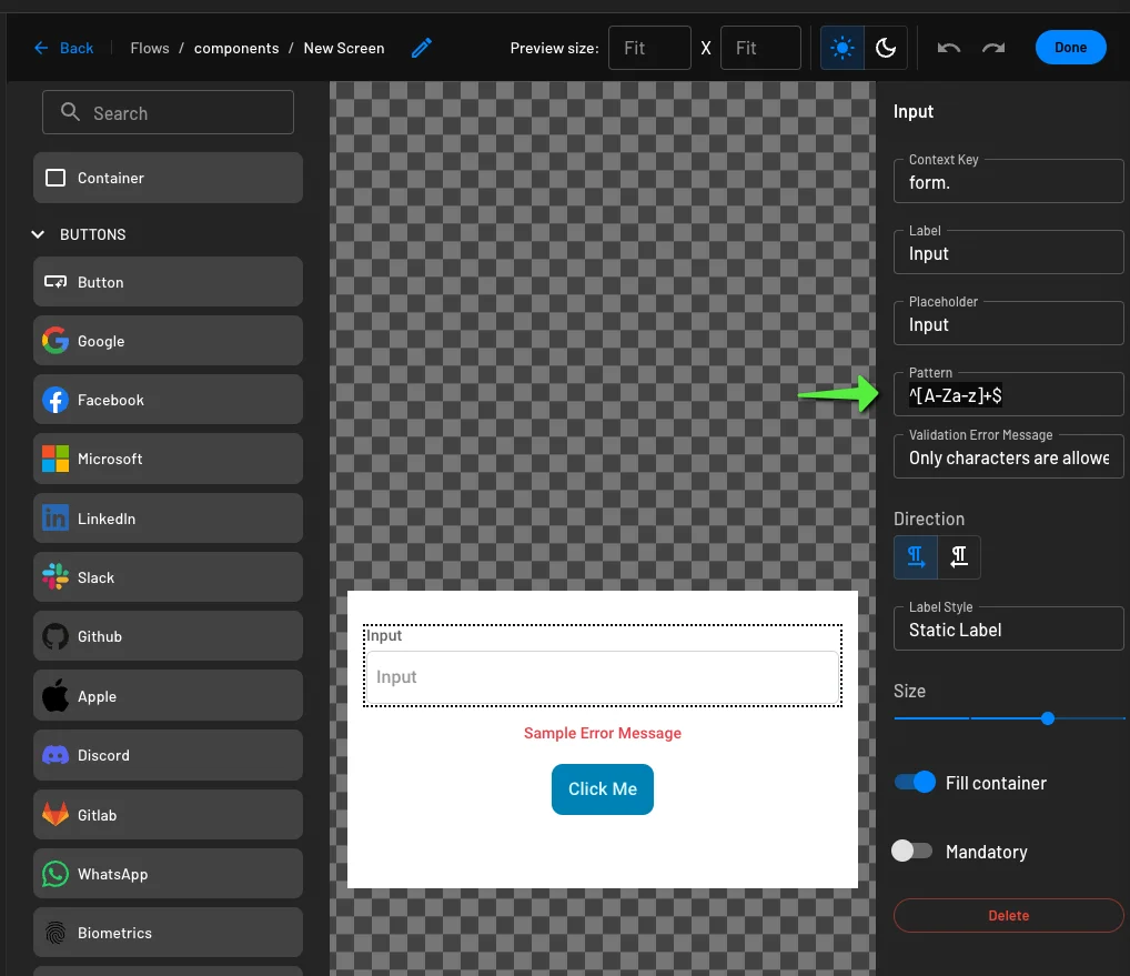 Configuring a regex pattern for a Descope input field component within Flows