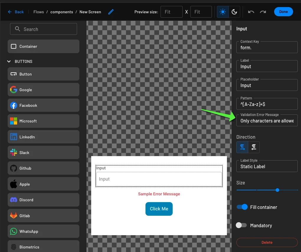 Configuring a custom validation message for a Descope input field component within Flows