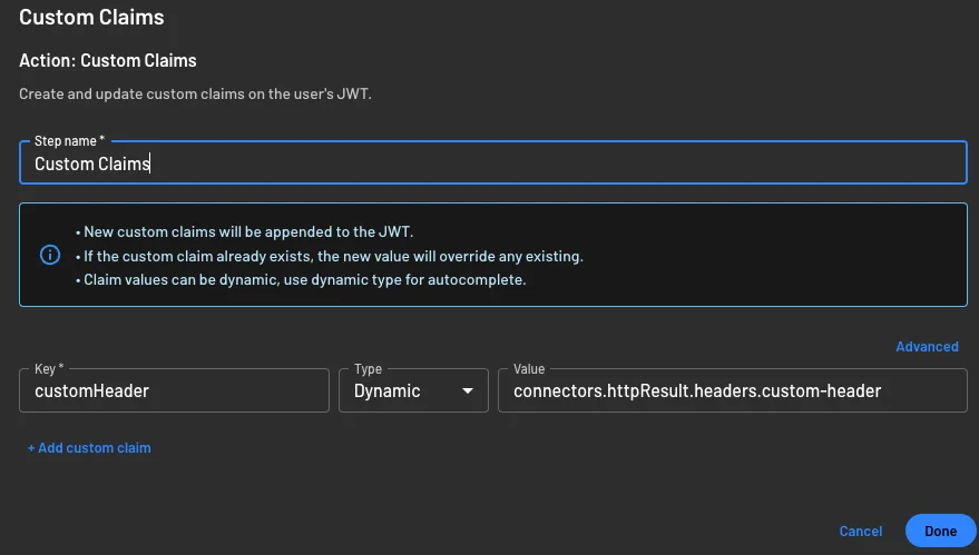 Configure Custom Claims Using Connector Header Response in Descope flow