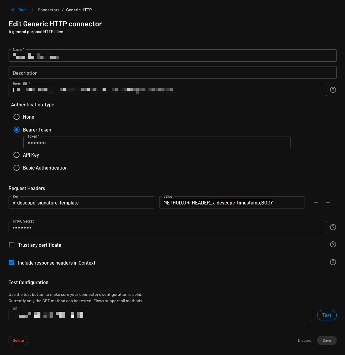 An example of using the HMAC signature template within Descope HTTP Connector