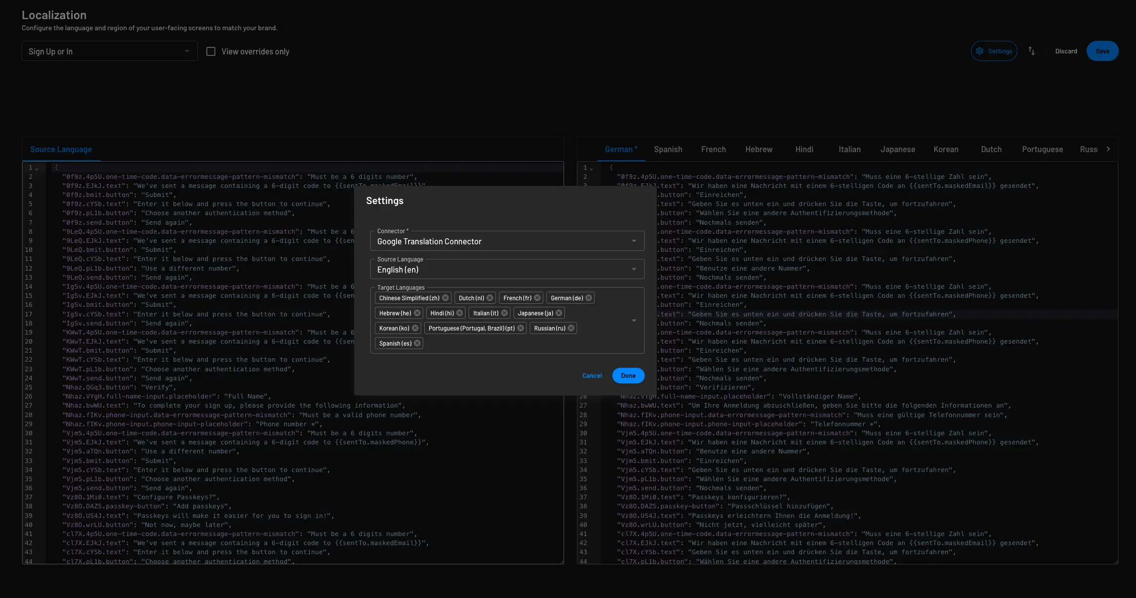 An example configuration of localization with a connector within Descope