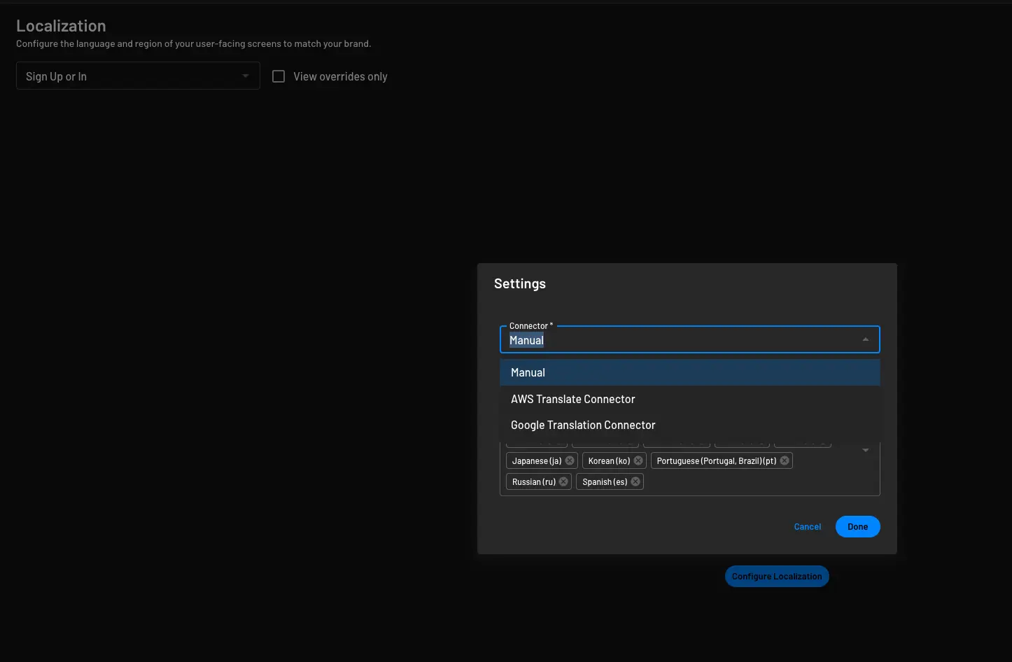 Selecting a configured connector for localization of a flow in Descope
