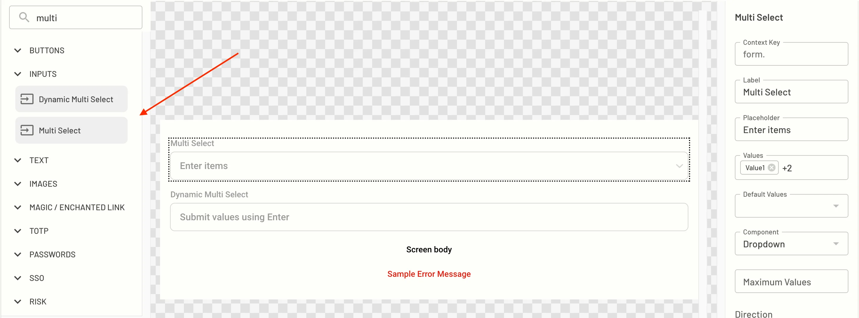 multi select component in Descope screen