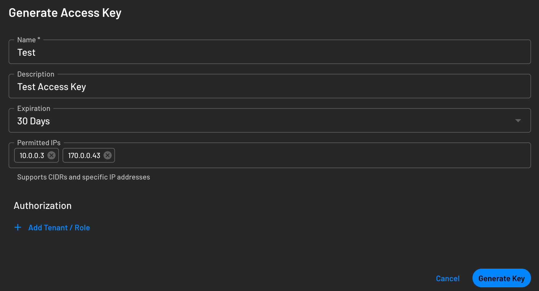 permitted ips for accesskeys