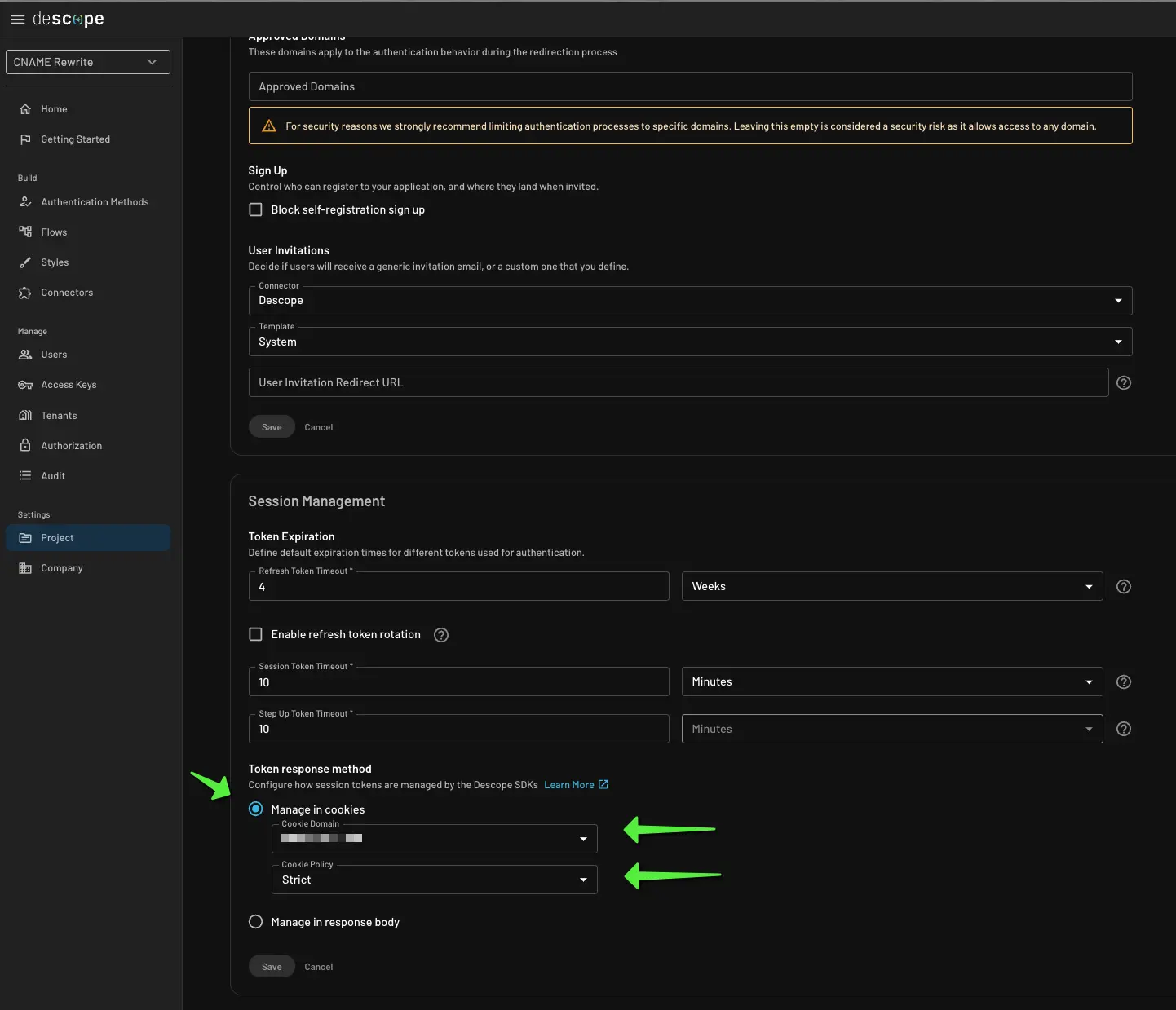 Descope configure custom domain cname within Descope project
