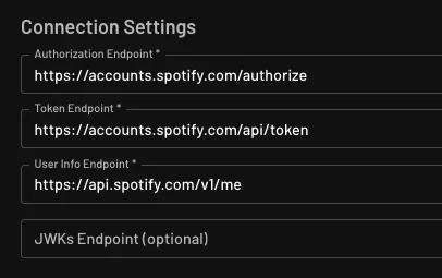 Custom Spotify OAuth provider connection settings configured within Descope