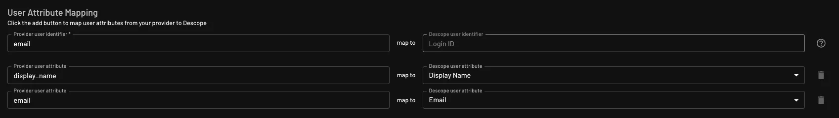 Custom Spotify OAuth provider user attribute mapping configured within Descope