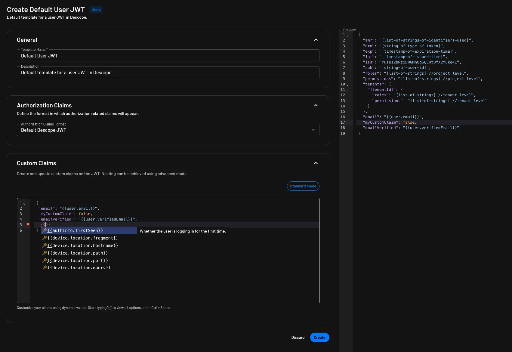 Custom claims configuration in advanced mode on user JWT Template within Descope
