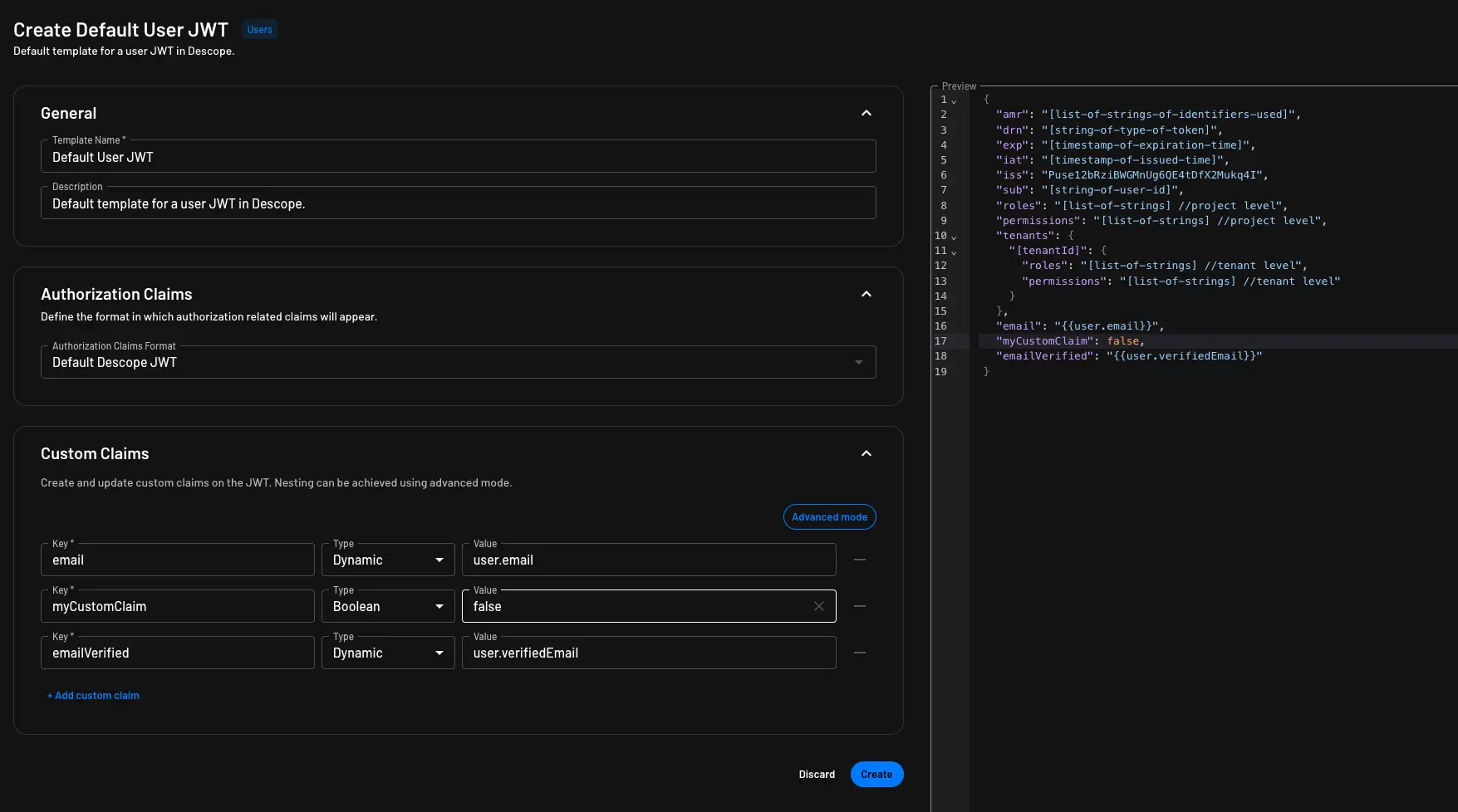 Custom claims configuration in simple mode on user JWT Template within Descope