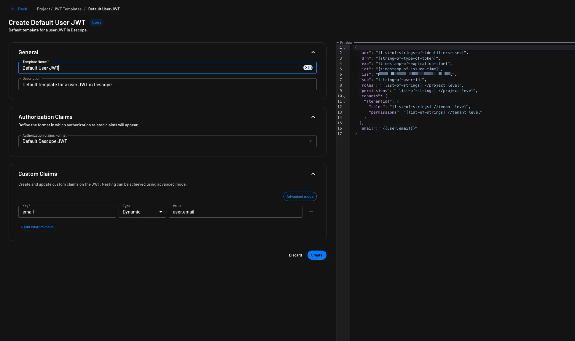 Example of the configurations available within the Default User JWT template in Descope