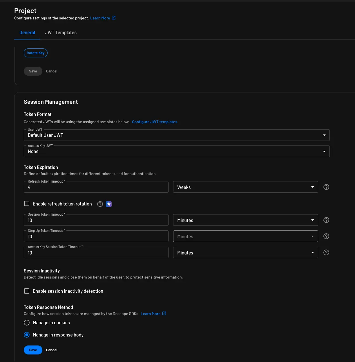 Set the project's user token format within Descope project settings